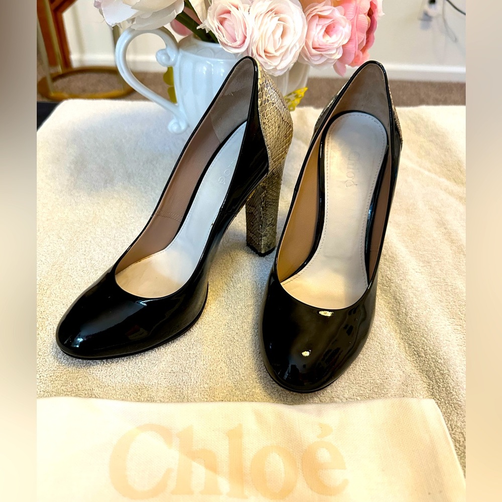 Chlo Black Parent Leather Pumps With Python Heels… - image 2